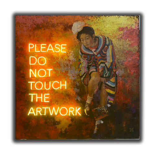 [SOLD] PLEASE DO NOT TOUCH THE ARTWORKTechnique: Oil painting on rusty corrugated iron sheets (collected from construction sites in Vietnam) illuminated by a neon glass light.
Dimensions: 170x170x5cm
Year: 2019