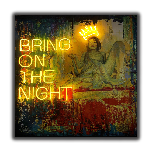 BRING ON THE NIGHT
-Technique: Oil painting on rusty corrugated iron sheets (collected from construction sites in Vietnam) illuminated by a neon glass light.
- Dimensions: 200x200x5cm
-Year: 2020