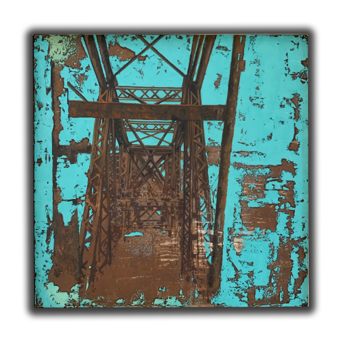 [SOLD] HA NOI BRIDGE  EIFFEL/CLEMENCEAUTechnique: Oil painting on rusty corrugated iron sheets (collected from construction sites in Vietnam) illuminated by a neon glass light. Dimensions: 100x100x4cmYear: 19