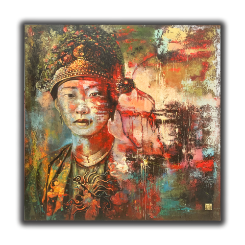 [SOLD] VIETNAMESE PRINCESS NAM PHUONG 001Technique: Oil painting on rusty corrugated iron sheets (collected from construction sites in Vietnam) illuminated by a neon glass light.- Dimensions: 150x150x4cmYear: 21