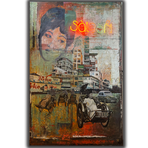 INDOCHINA SAIGON
-Technique: Oil painting on rusty corrugated iron sheets (collected from construction sites in Vietnam) illuminated by a neon glass light.
- Dimensions: 180x270x4cm
-Year: 22
-Short description: personal work in indochina Saigon