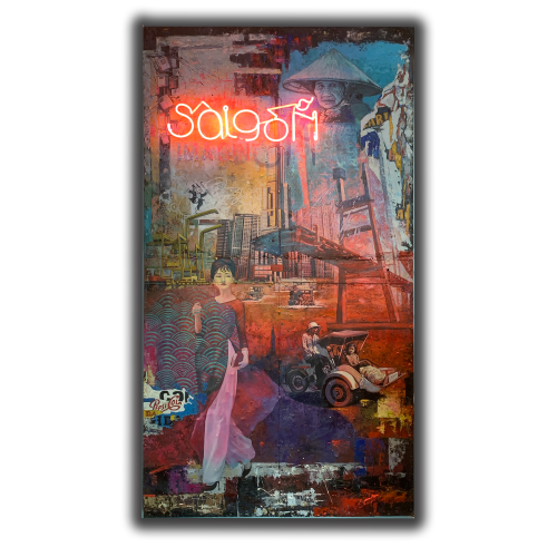 SAIGON-Meridien hotelTechnique: Oil painting on rusty corrugated iron sheets (collected from construction sites in Vietnam) illuminated by a neon glass light.
- Dimensions: 200x100x4cmYear: 21